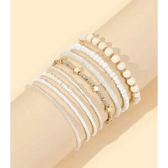 White Seed Bead Neutral Stretch Stacking Bracelet Set - Picture 1 of 3